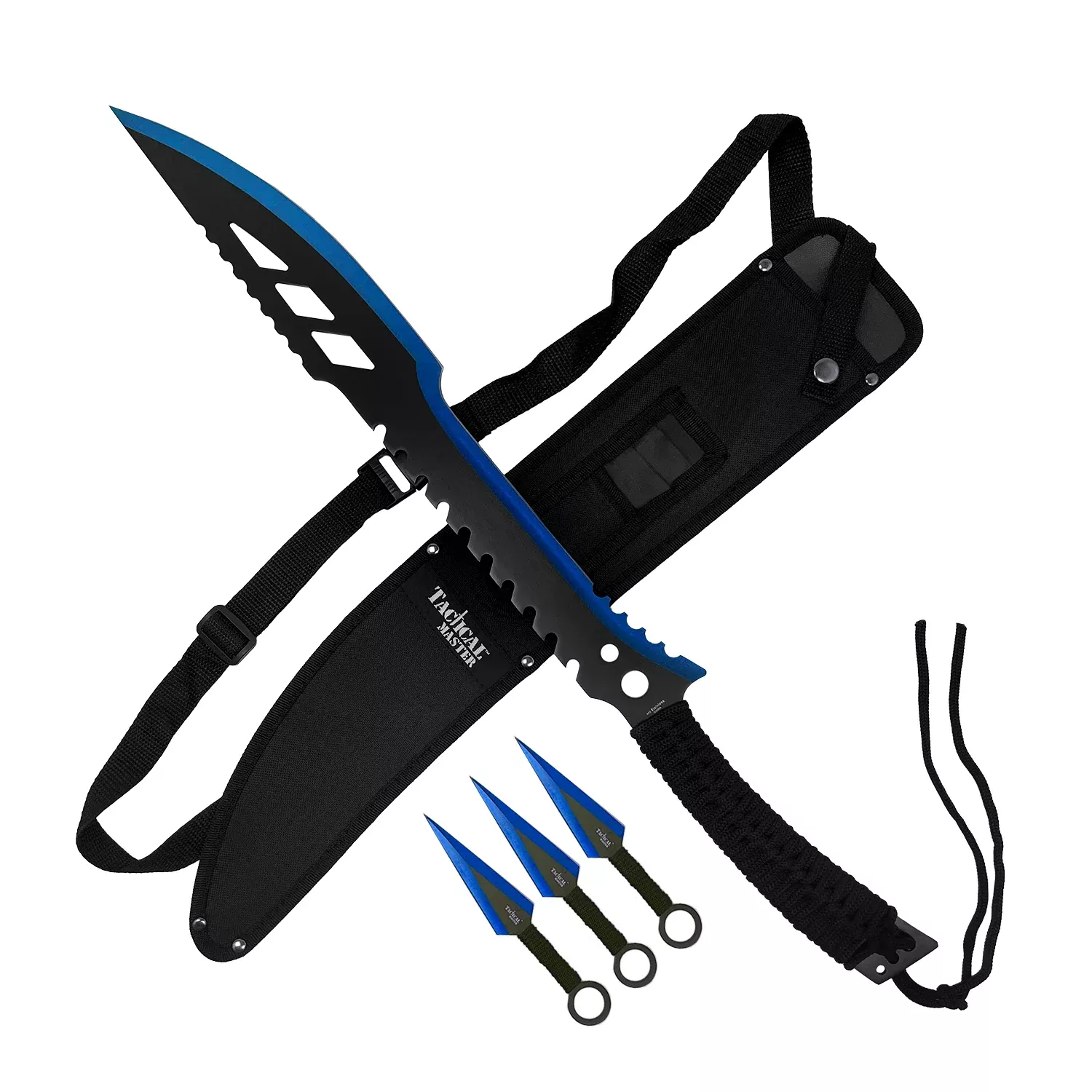 26″ Blue Machete w 3 Throwing Knives