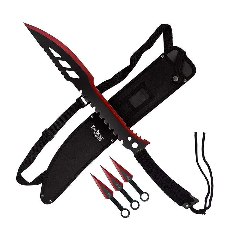 26″ Red Machete w 3 Throwing Knives