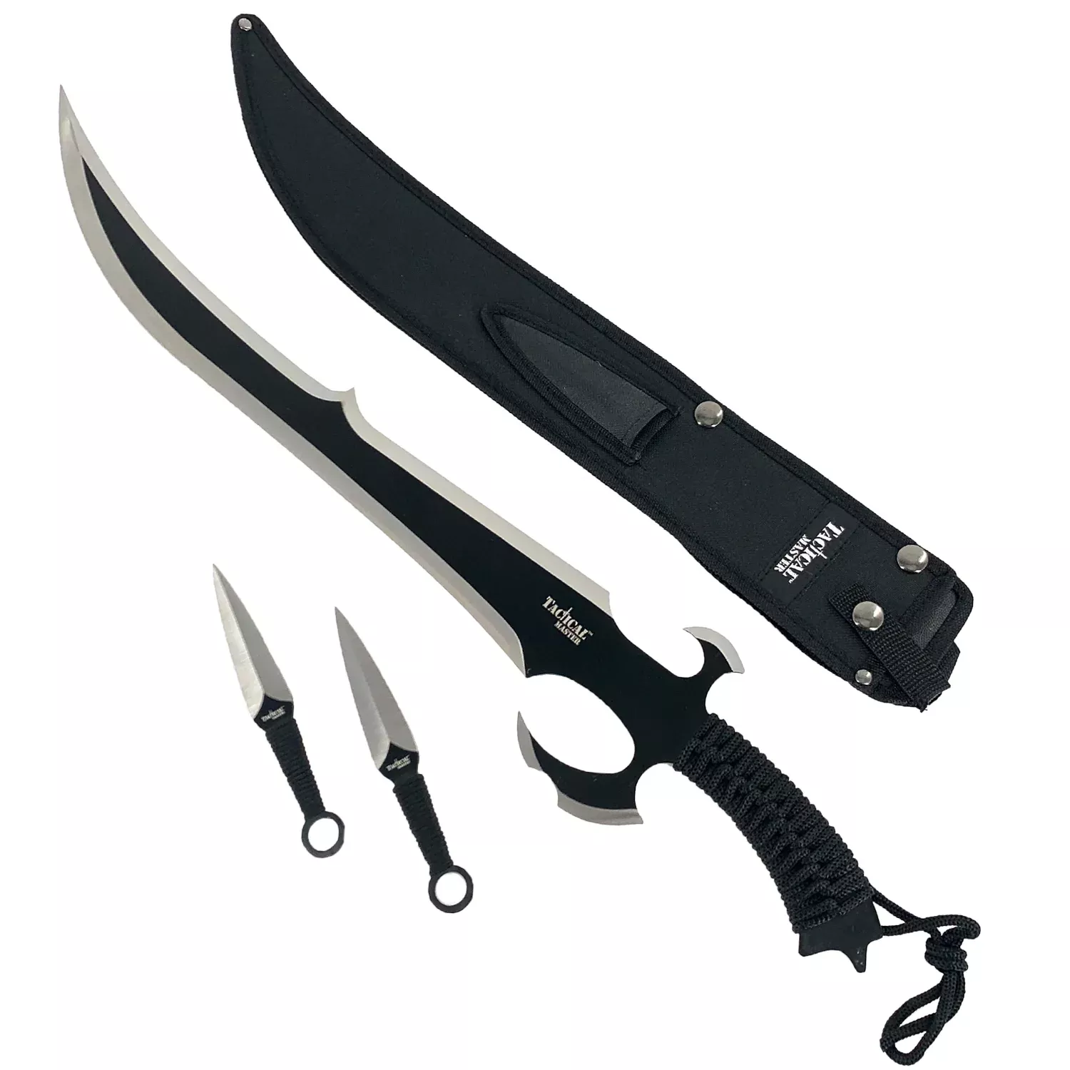 27″ Black Tactical Machete w 2 Throwing Knives