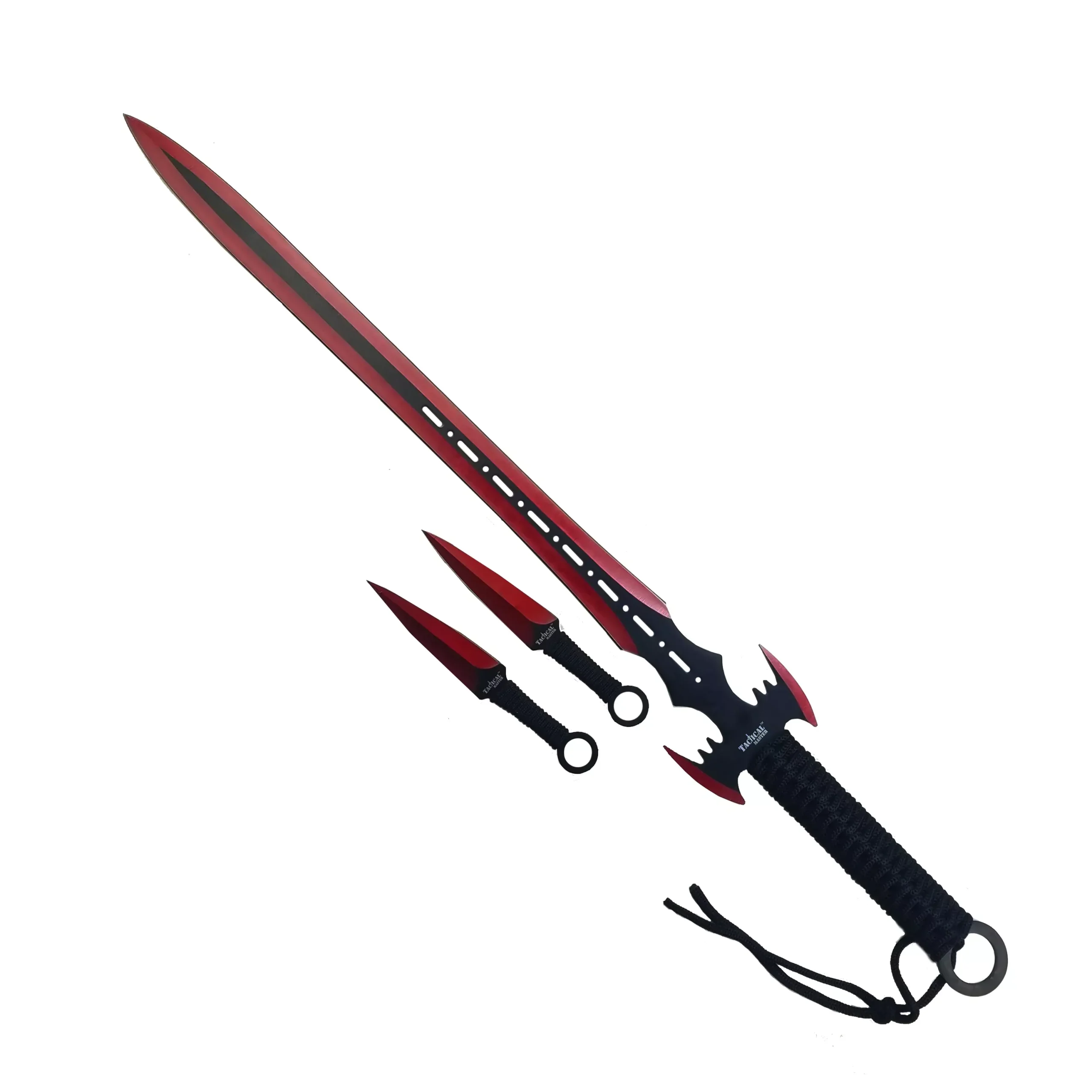 27" Machete w 2 Throwing Knives Red