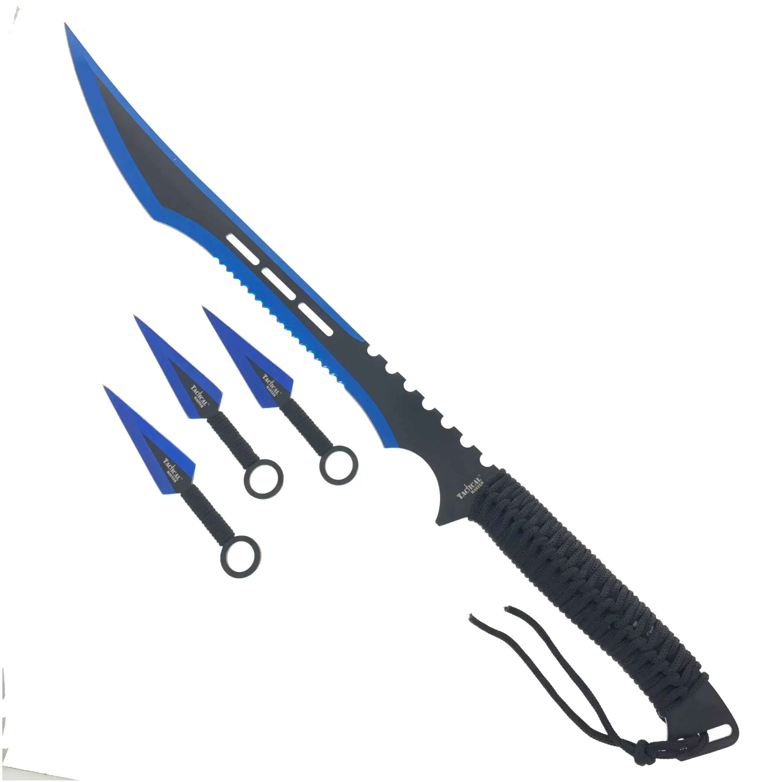 28″ Blue Machete w 3 Throwing Knives