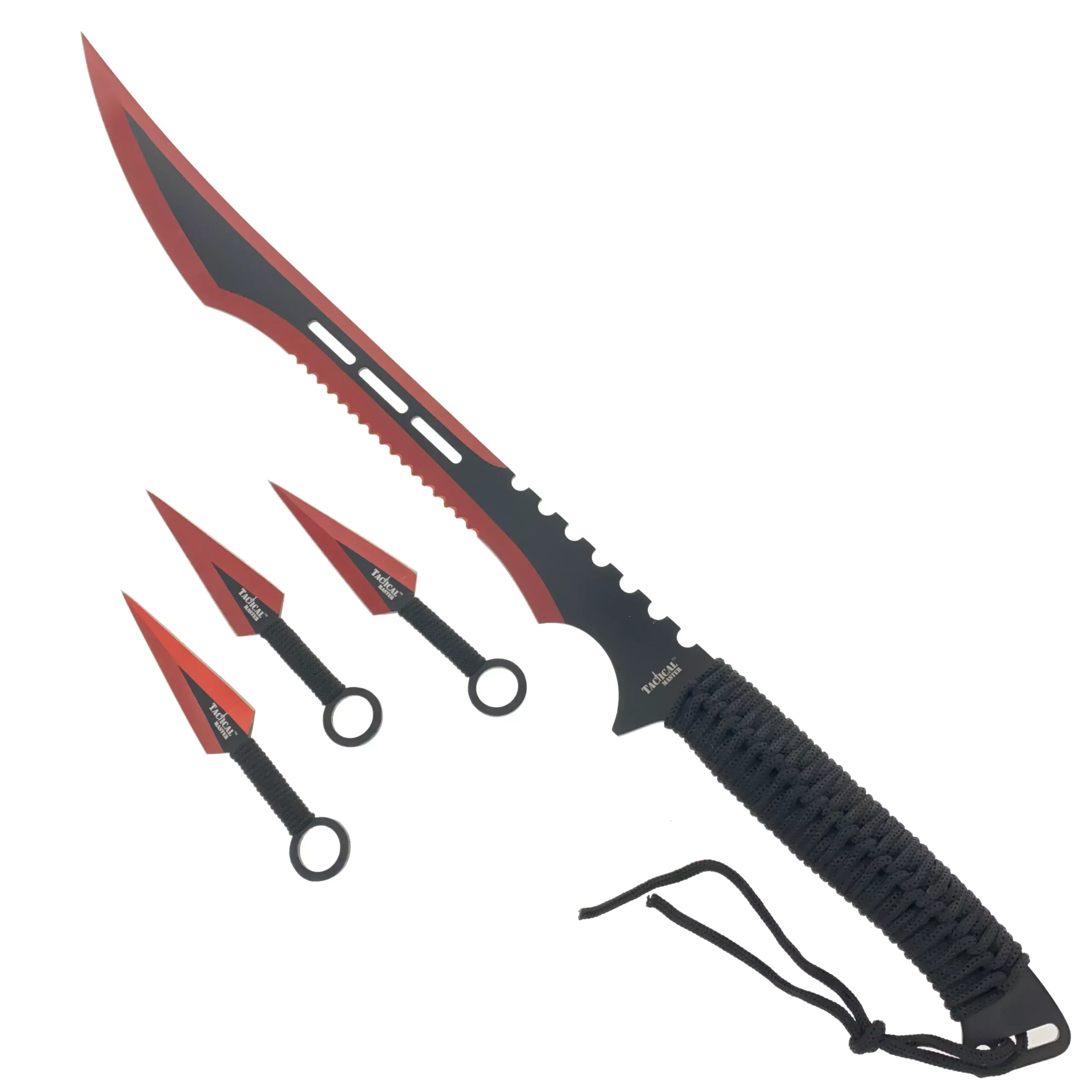 28″ Red Machete w 3 Throwing Knives