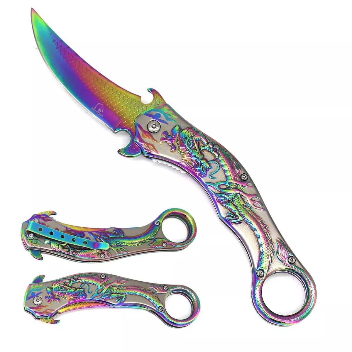 3.5″ Rainbow Blade/ Rainbow Handle w Dragon/ Assisted Knife