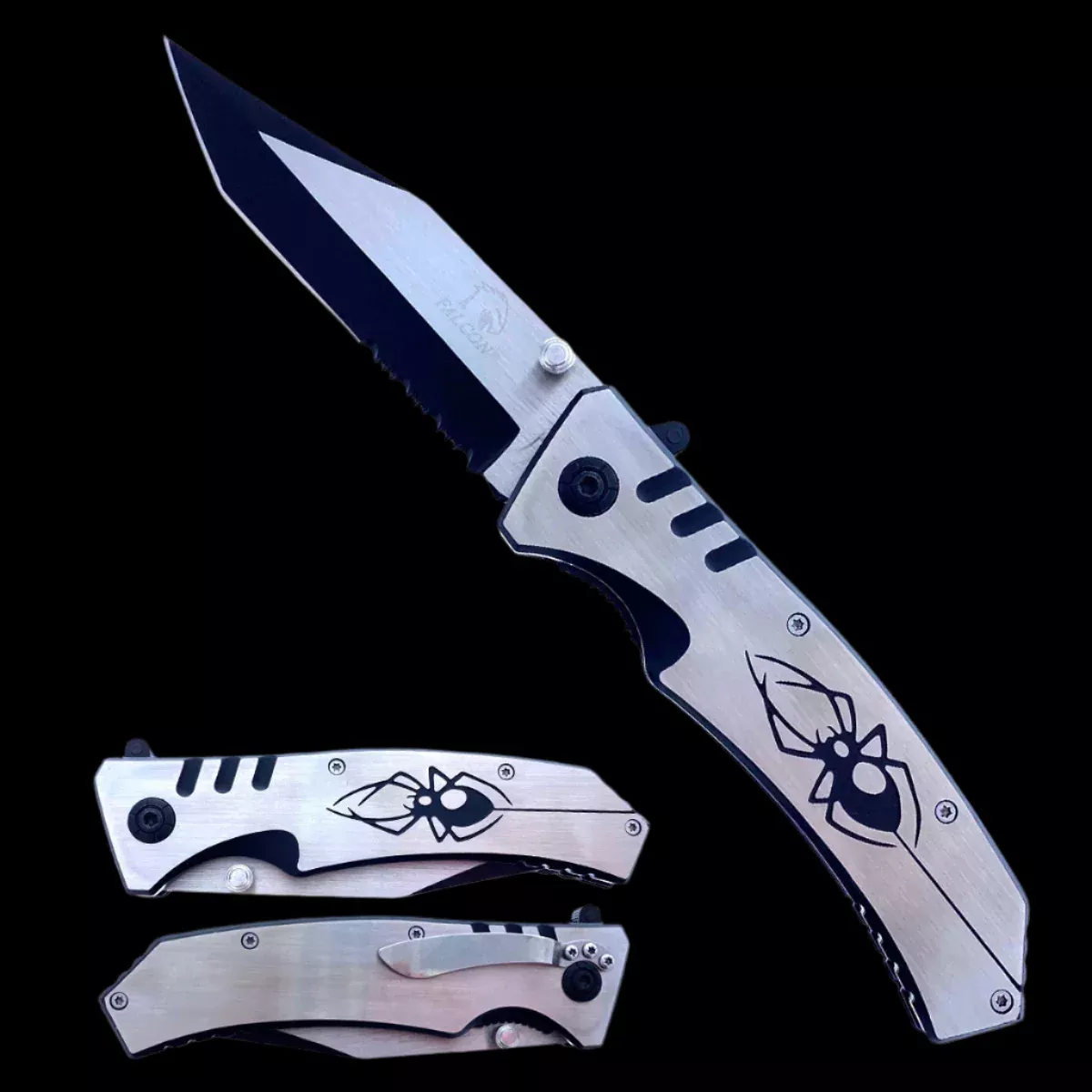 3" Silver w Black Trim Spider Handle & Blade / Assisted Knif