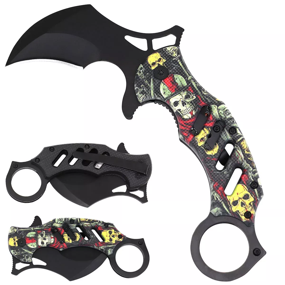 8″ Karambit Knife Black Skull Handle