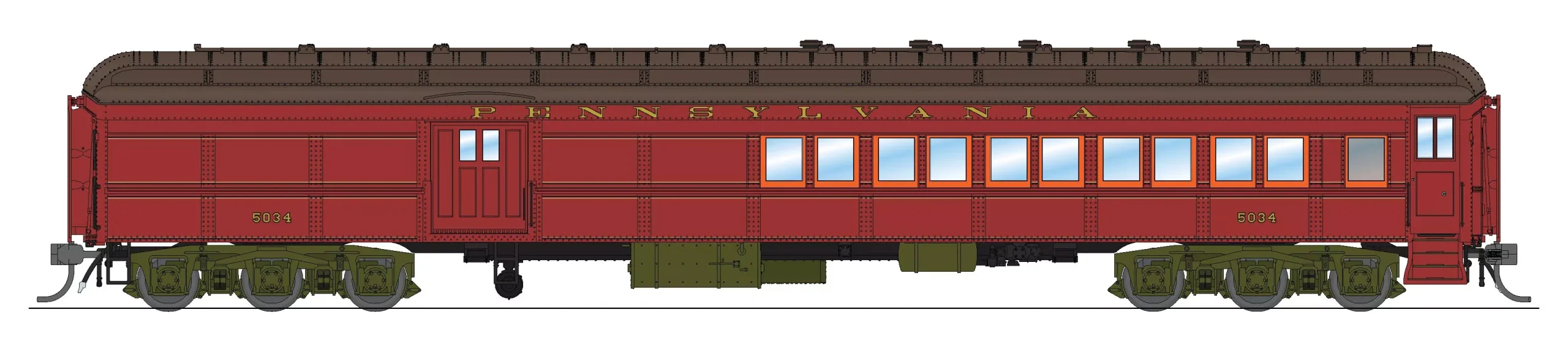 8964 PRR Heavyweight 5-Car Passenger Set, 1930’s Era, HO (PB70 #5034, P70 #823, P70 #989, P70 #1042, Z74d #120 “Pennsylvania”)