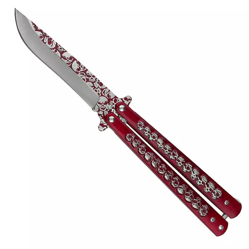 9.25″ Red Skulls Engraved Trainer Butterfly Knife