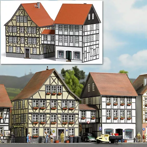 Busch 1538 HO Scale Old Town Half-Timber Buildings & Covered Overhead Walkway
