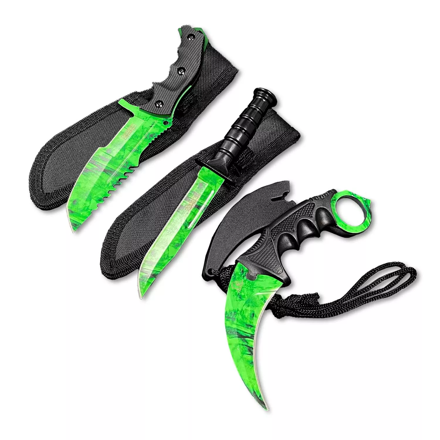 Falcon 3 PCS Green Set. Tactical Knives & Karambit