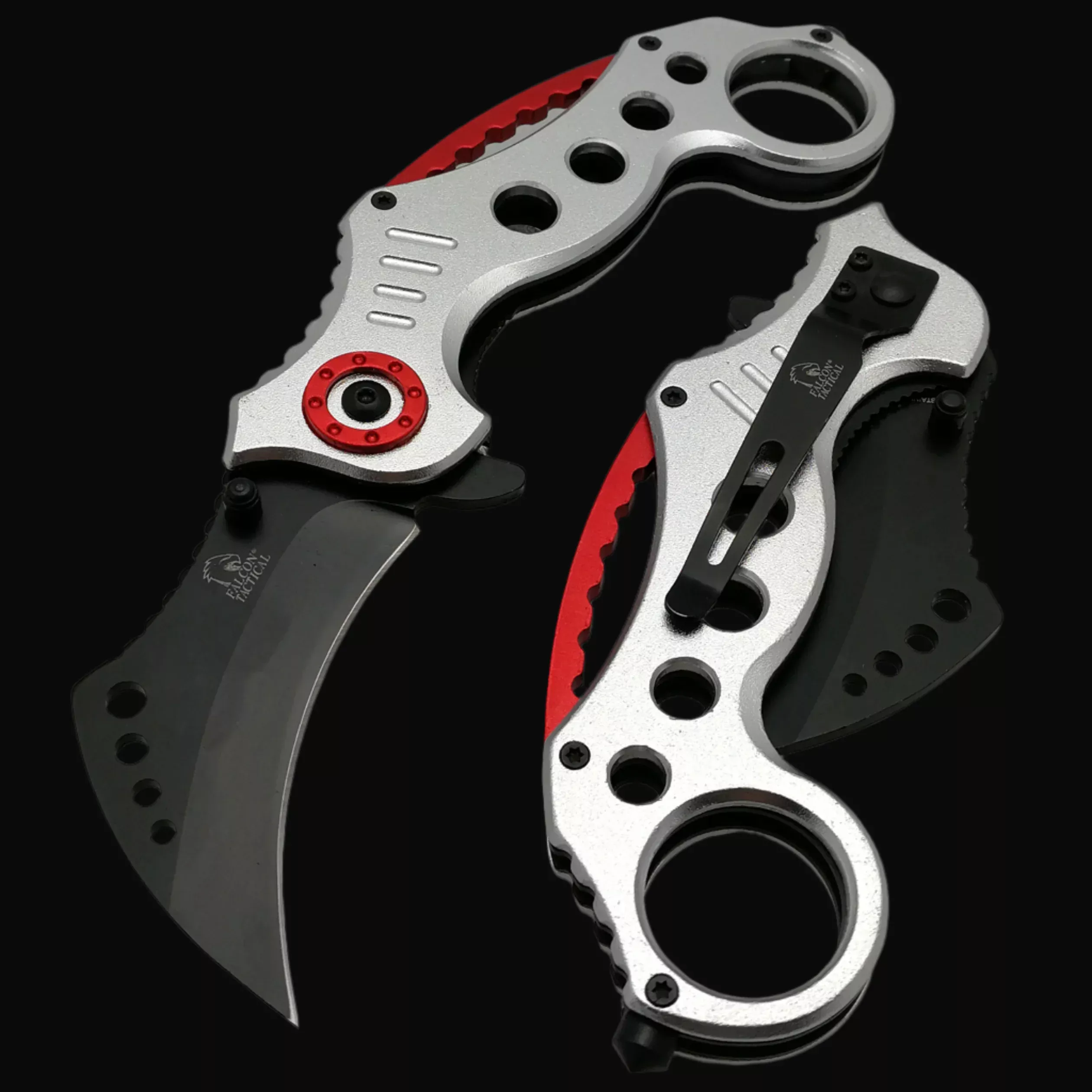 Falcon 7 1/2" Silver and Red Karambit Spring Assited Pocket Knife