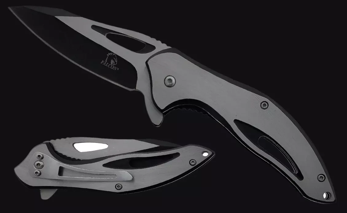 Falcon 7.75" Black & Silver Spring Assisted Knife