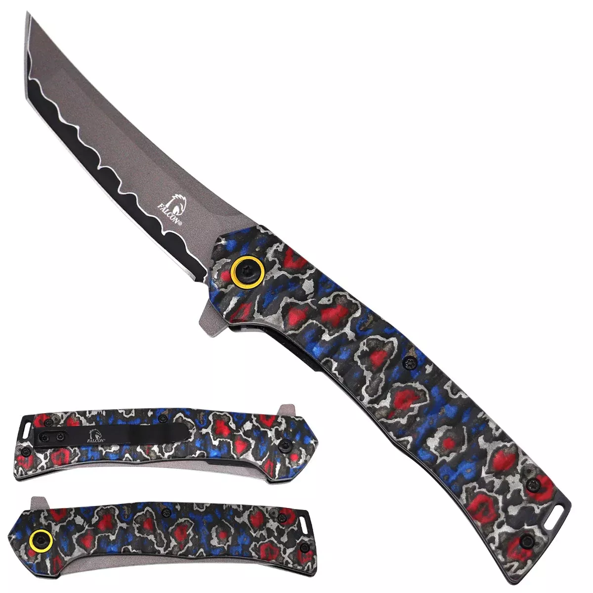 Falcon Psychedelic Red & Blue Spring Assisted Pocket Knife