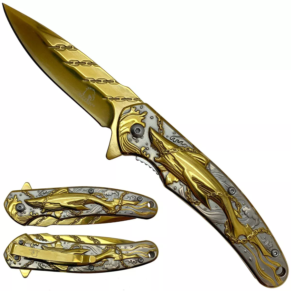 Falcon Shark & Chains Gold Pocket Knife