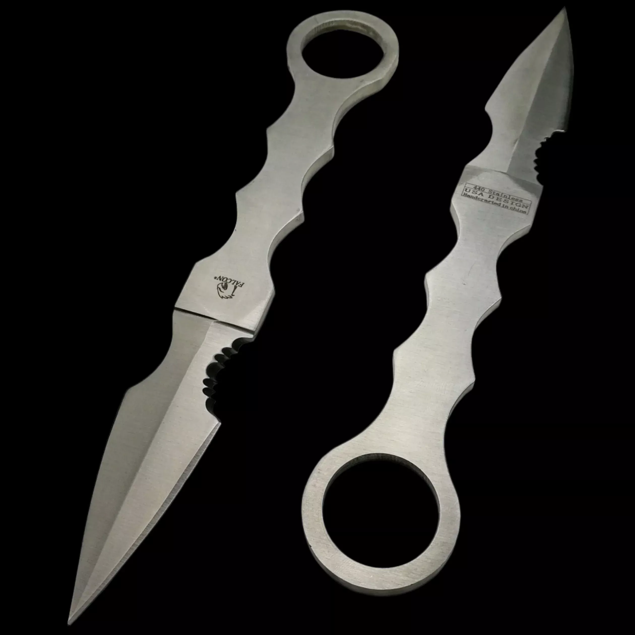 Falcon Silver Fixed Blade Tactical Knife with Finger Rings