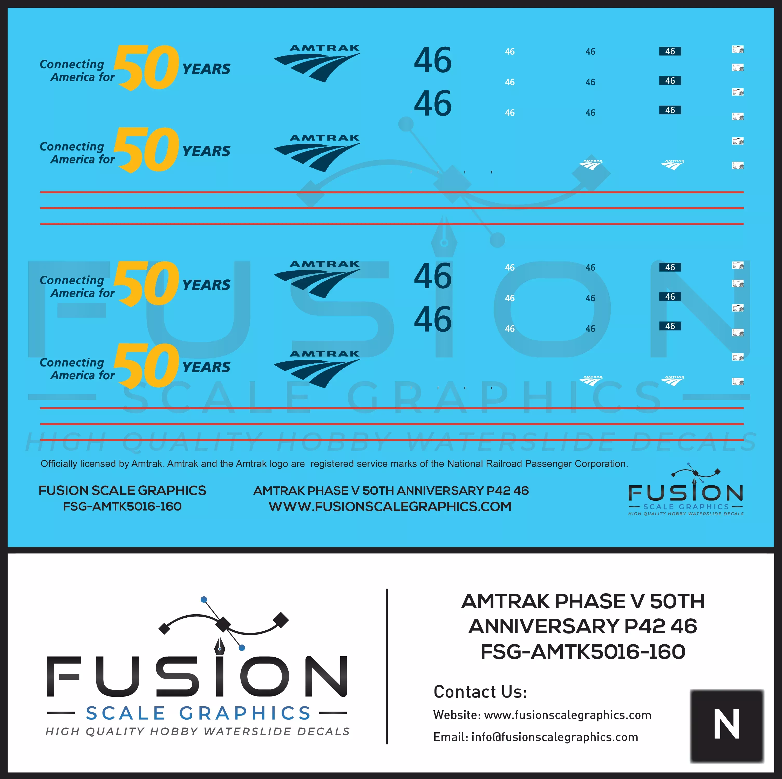 N Scale Amtrak Phase V 50th Anniversary P42 46 Locomotive Decal Set