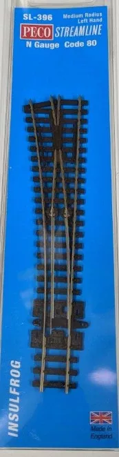 Peco SL-396 N Scale Medium Radius Left Hand Insulfrog Turnout Code 80