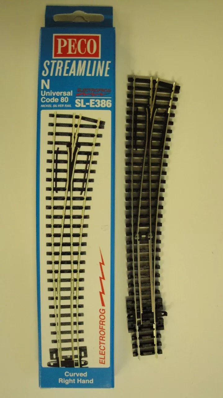 Peco SL-E386 N Scale Right Hand Curved Turnout Electrofrog 36/18" Radius Code 80