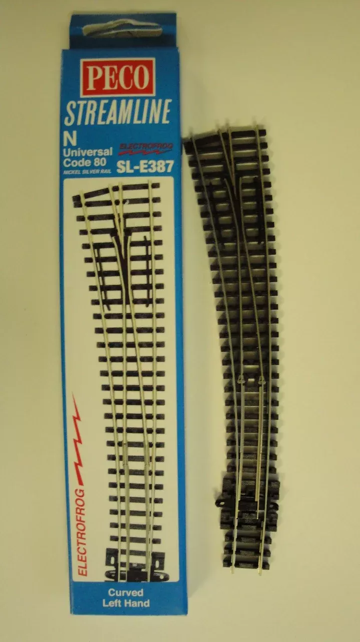 Peco SL-E387 N Scale Left Hand Curved Turnout Electrofrog 36/18" Radius Code 80