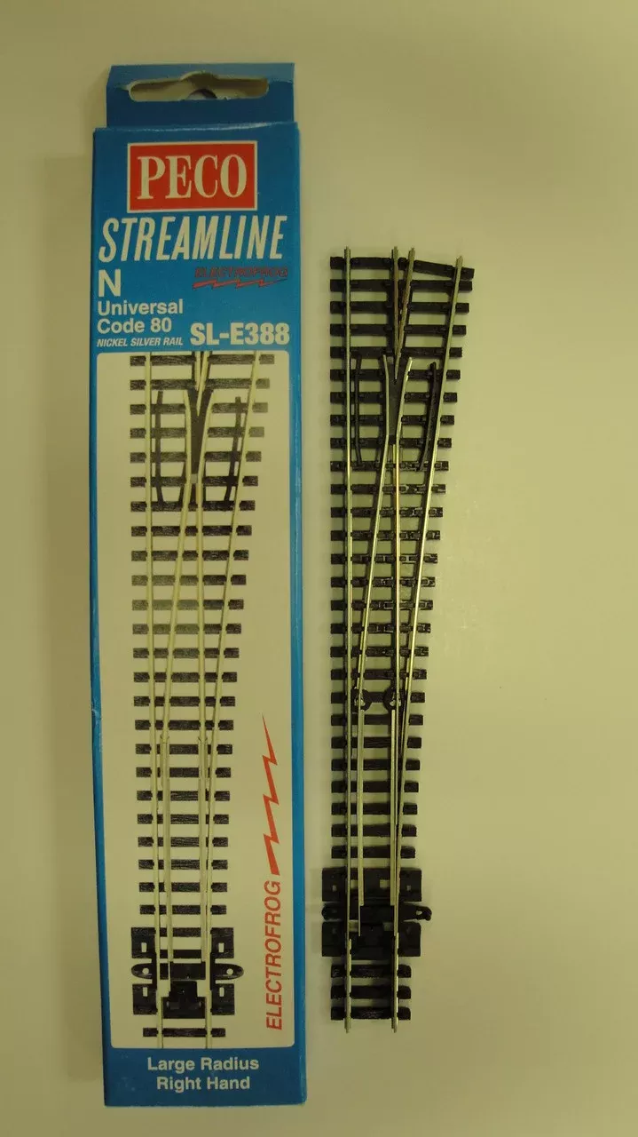 Peco SL-E388 N Scale Right Hand Long Radius Electrofrog Turnout Code 80