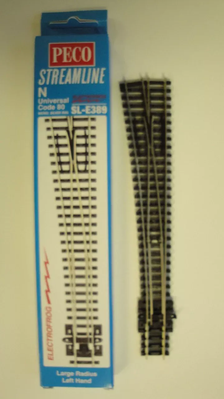Peco SL-E389 N Scale Left Hand Long Radius Electrofrog Turnout Code 80