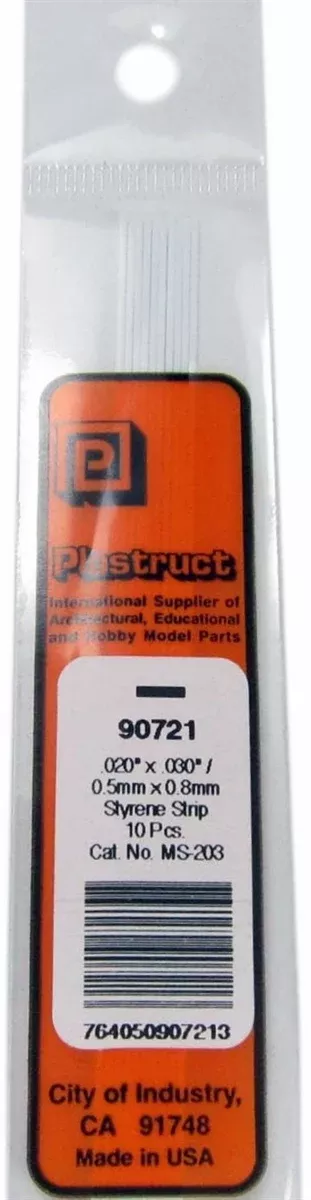 Plastruct 90721 MS-203 Solid Styrene Rectangular Strip, .030" (10)