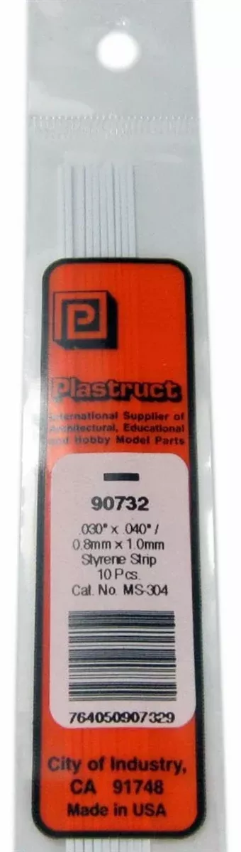 Plastruct 90732 MS-304 Solid Styrene Rectangular Strip, .040" (10)