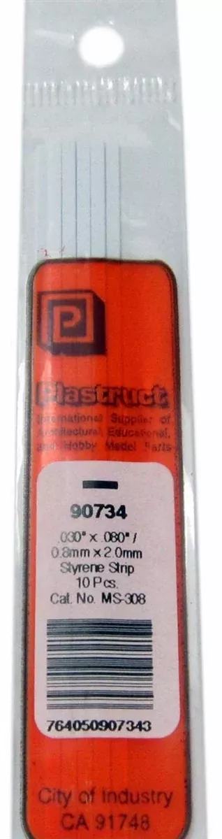 Plastruct 90734 MS-308 Solid Styrene Rectangular Strip, .080" (10)