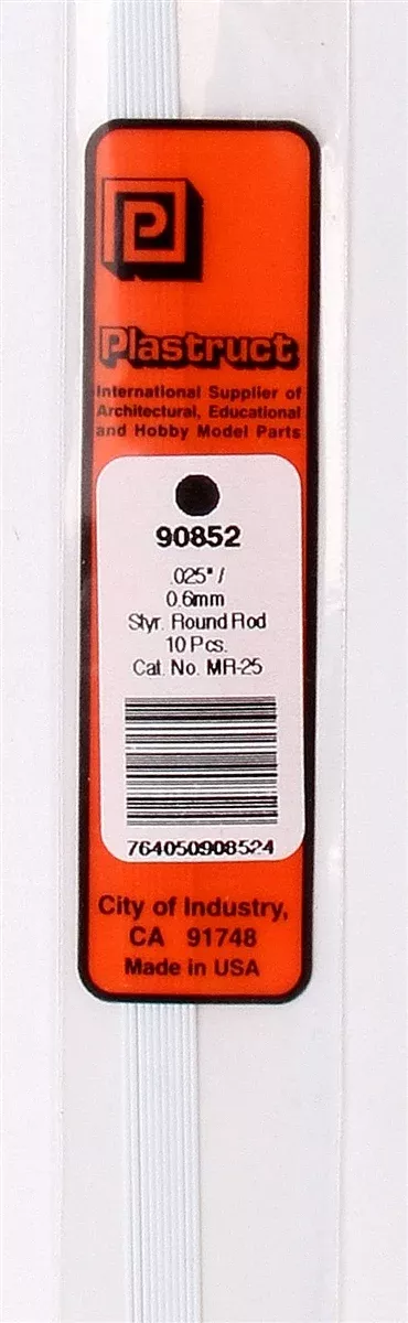 Plastruct 90852 MR-25 Solid Styrene Round Rod, .025" (10)