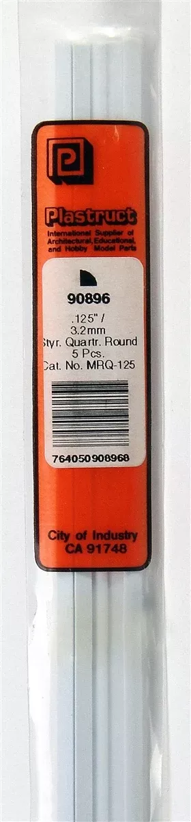 Plastruct 90896 MRQ-125 Solid Styrene Quarter Round Rod, .125" (5)