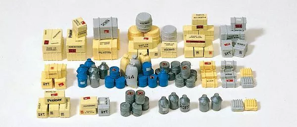 Preiser 17100 HO Scale Cargo Kit -- Assorted Crates, Boxes, Sacks & More pkg(90)