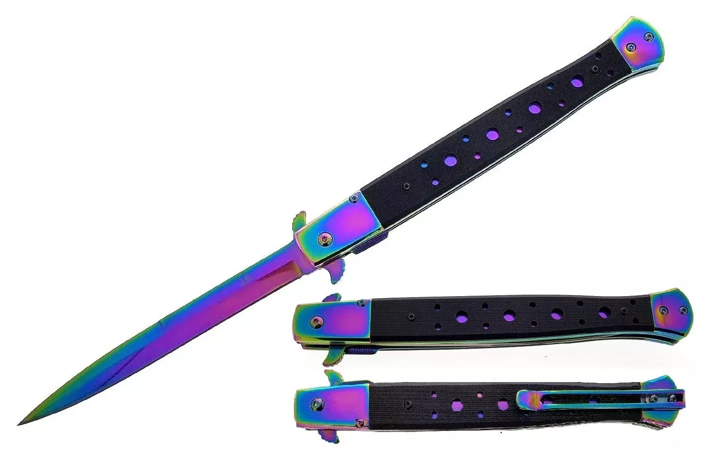 Rainbow Stiletto Spring Assisted Knife Wood Handle