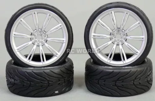 RC 1/10 Car WHEELS TIRES Package 3MM Offset SILVER 10 SPOKE