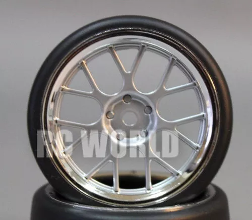 RC Car 1/10 DRIFT WHEELS TIRES Package 3MM Offset SILVER W/ CHROME LIP Web