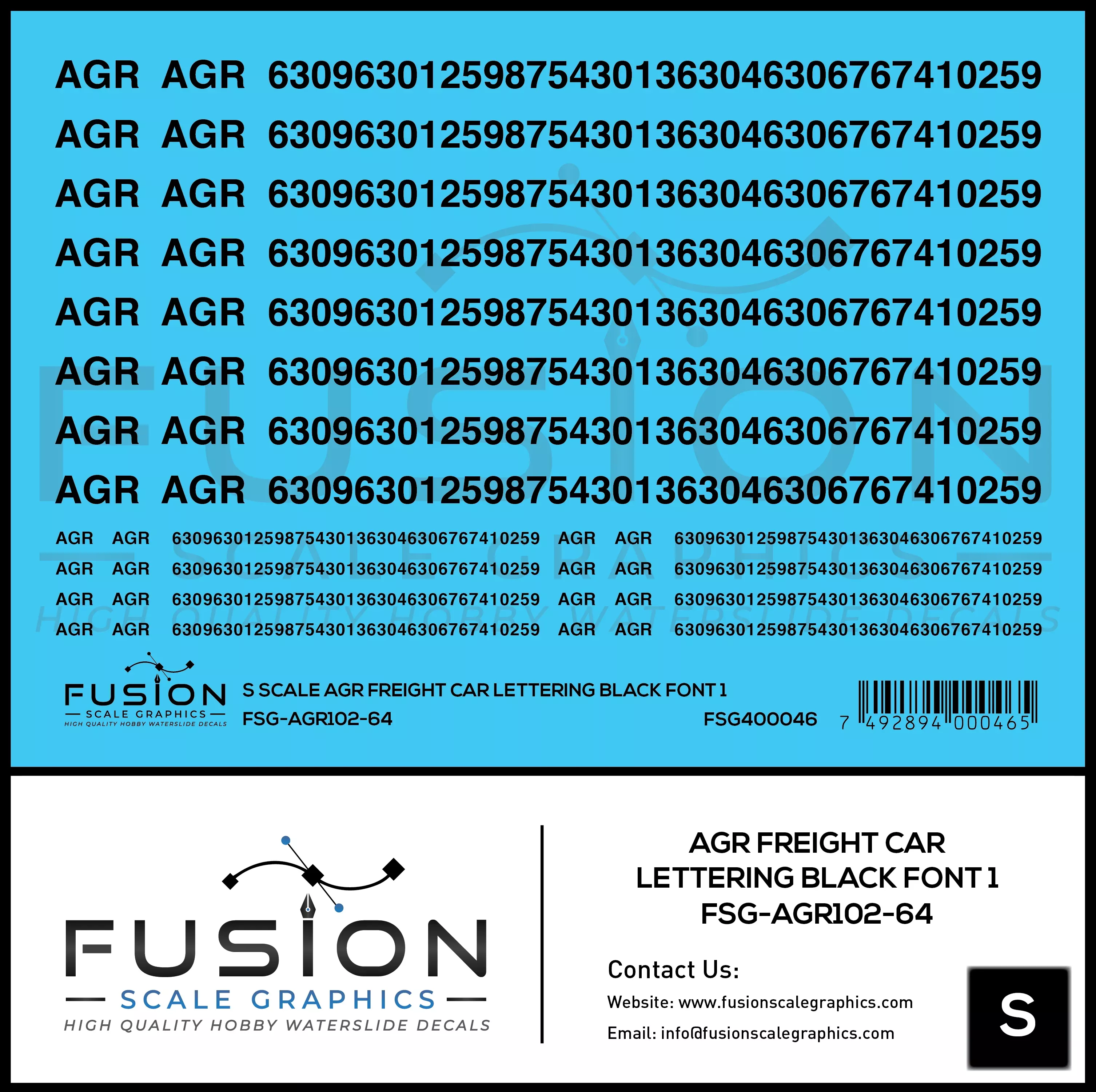 S Scale AGR Freight Car Lettering Black Font 1 Decal Set