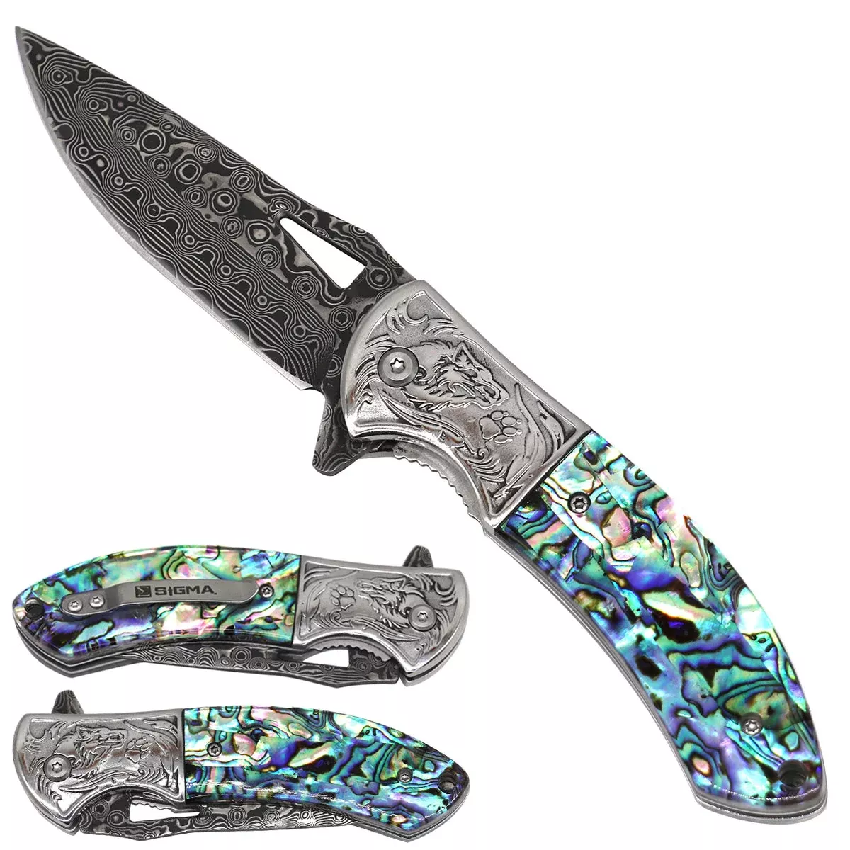Sigma Damascus Pattern Blade Ball Bearing Pocket Knife