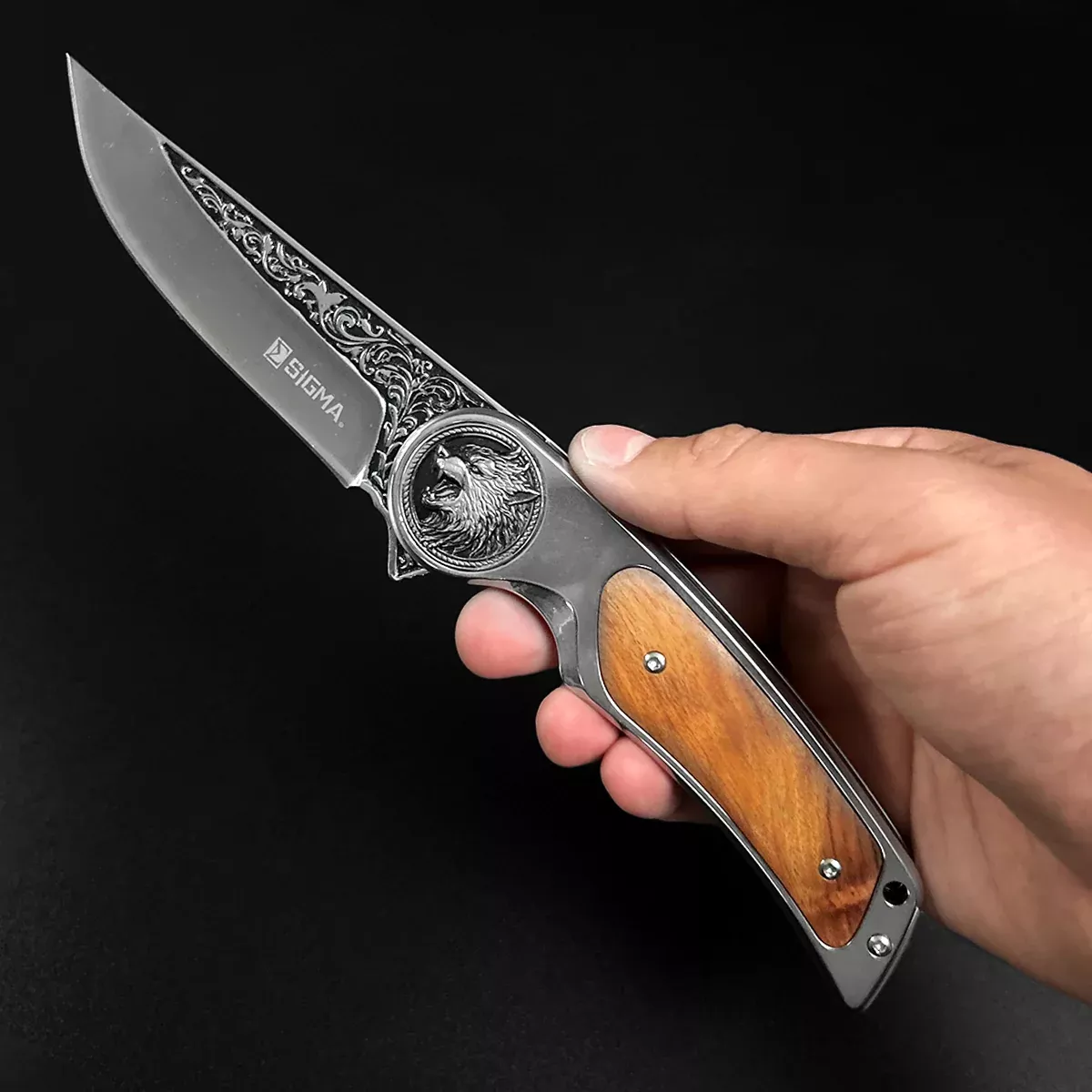 Sigma Folding Knife – Wolf Wood Handle