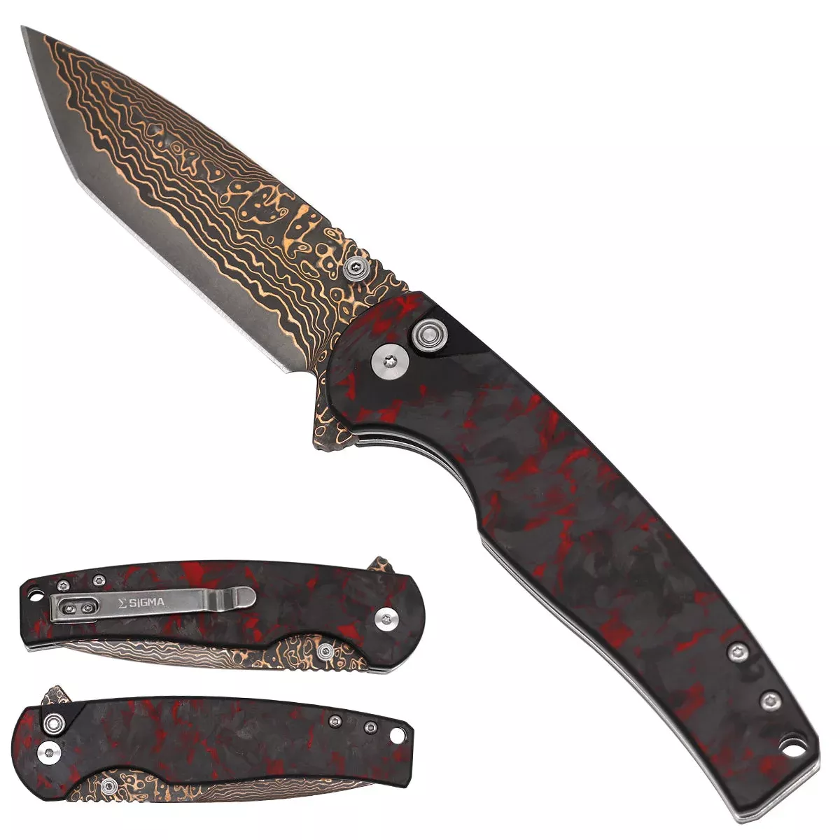 Sigma Red Carbon Fiber Damascus Ball Bearing Flipper Knife