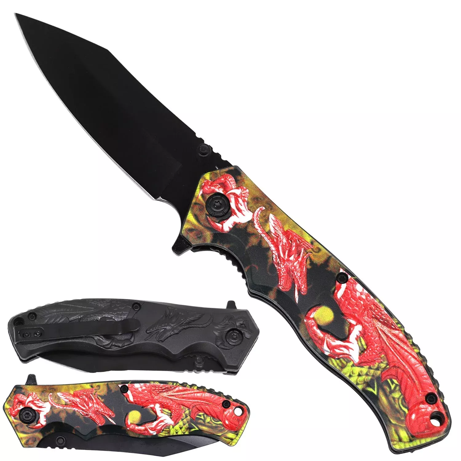 Spring Assisted Pocket Knife -Red Dragon on Handle