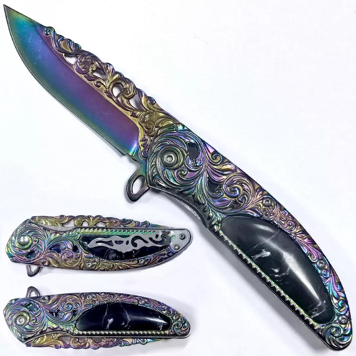 Spring Assisted Rainbow Pocket Knife - Acrylic Handle & Design