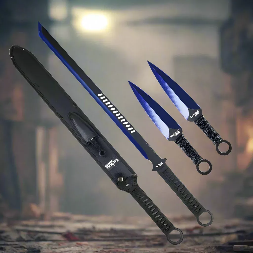 Tactical Master 27″ Blue Machete Tanto Blade with 2 pcs 6″ throwing knife