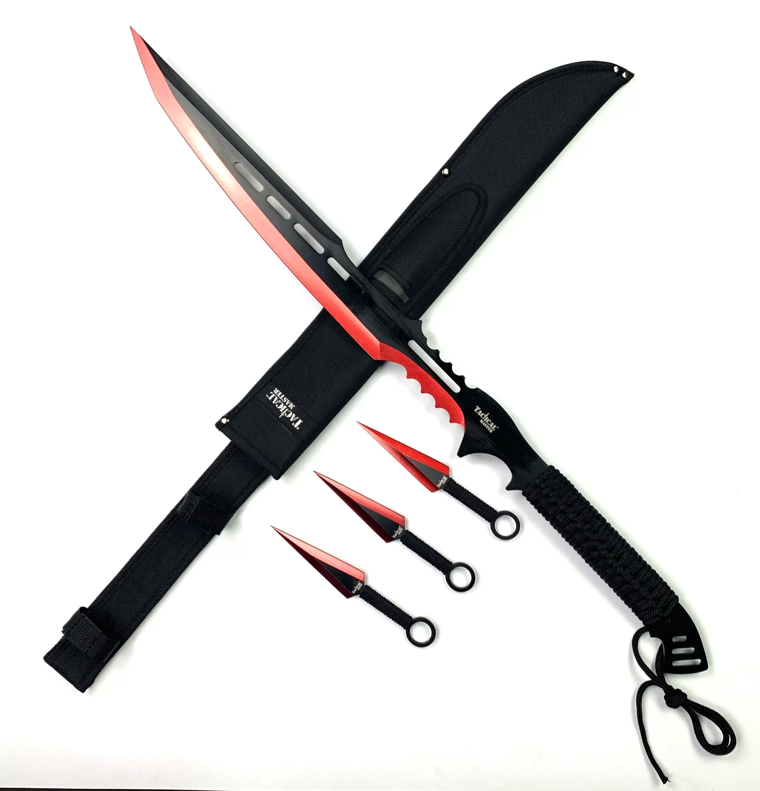 Tactical Master 28″ Red Machetew/ 3 Pcs Throwing Knives