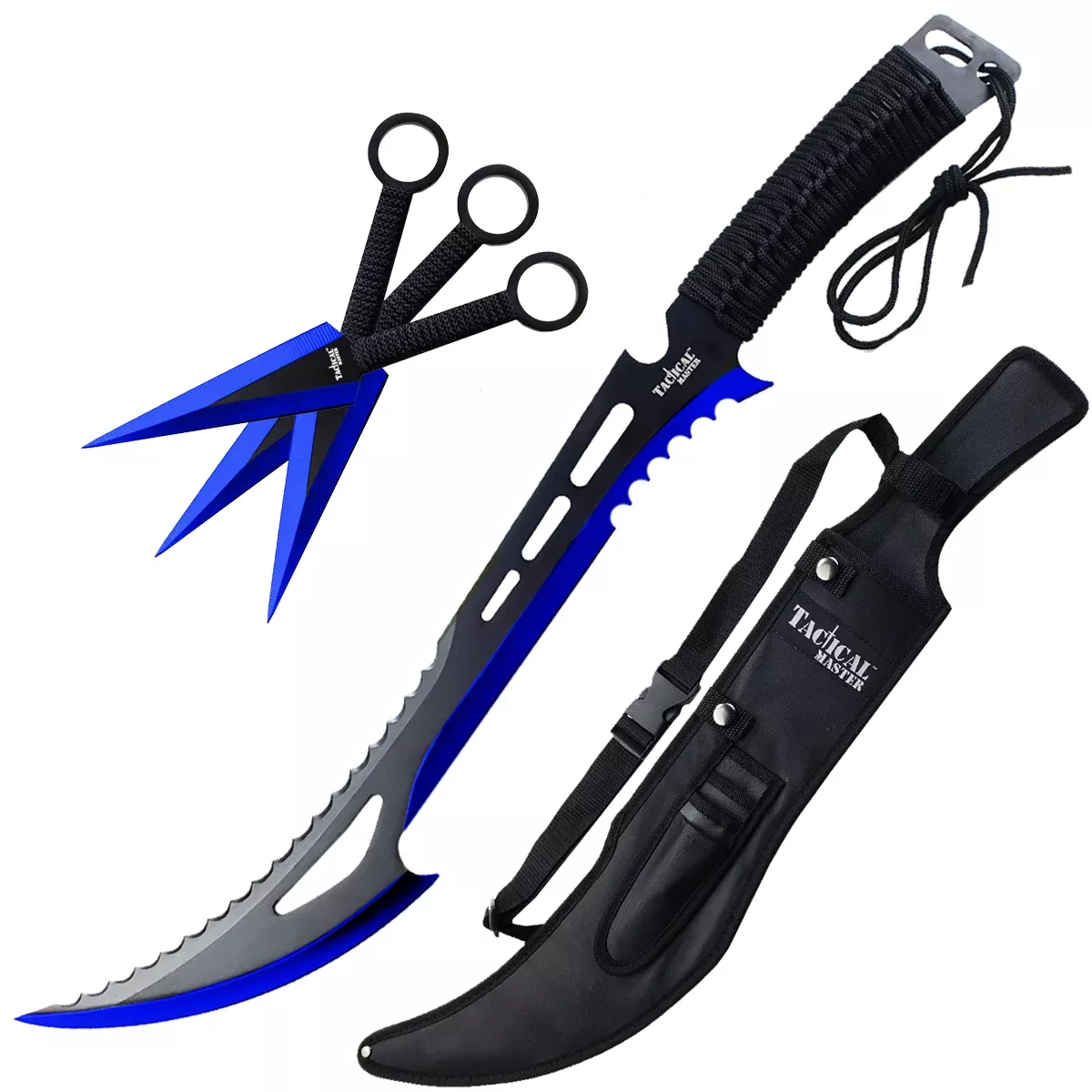 Tactical Master Blue Machete with 3 PCS 6" Throwing Knife