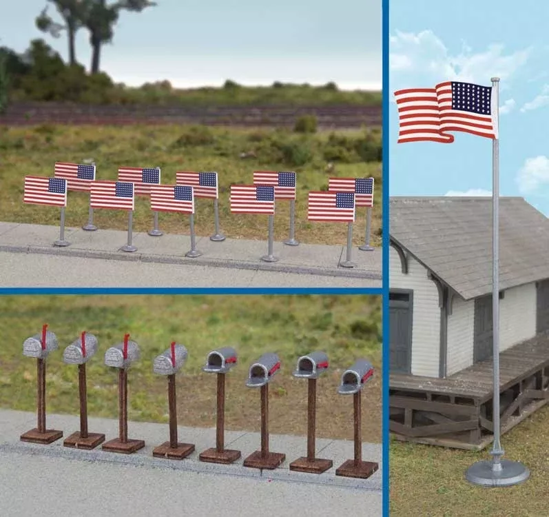 Walthers SceneMaster HO 949-4171 11 Flags and 8 Mailboxes, American Flags
